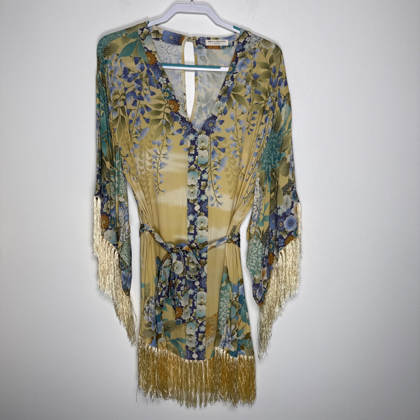 Spell & The Gypsy Floral Kimono Belted Willow Fringe Mini Dress Size Large EUC