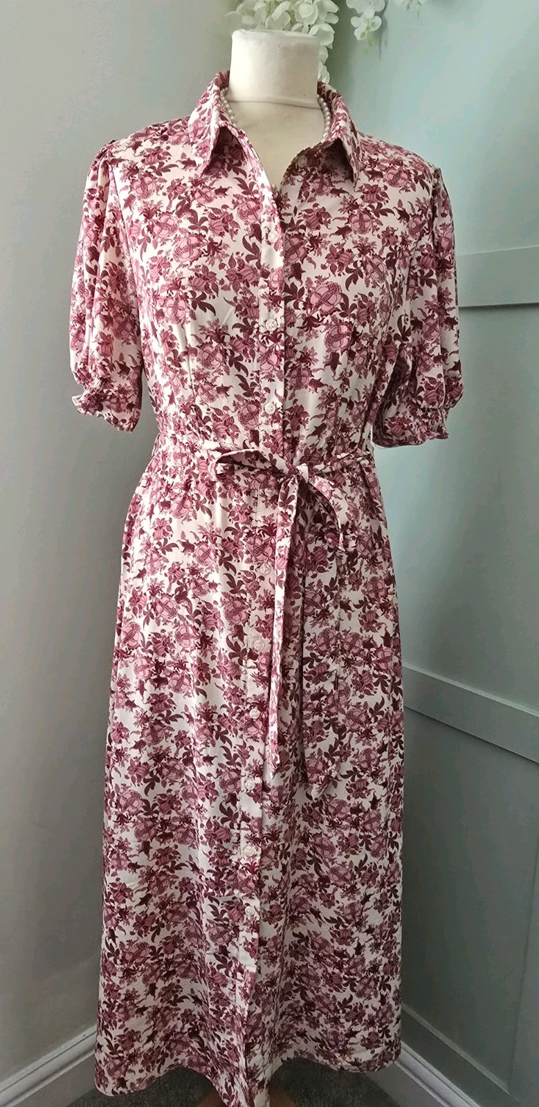 Vintage 1930s 1940s WW2 Style Maroon floral midi day dress Size 10 12