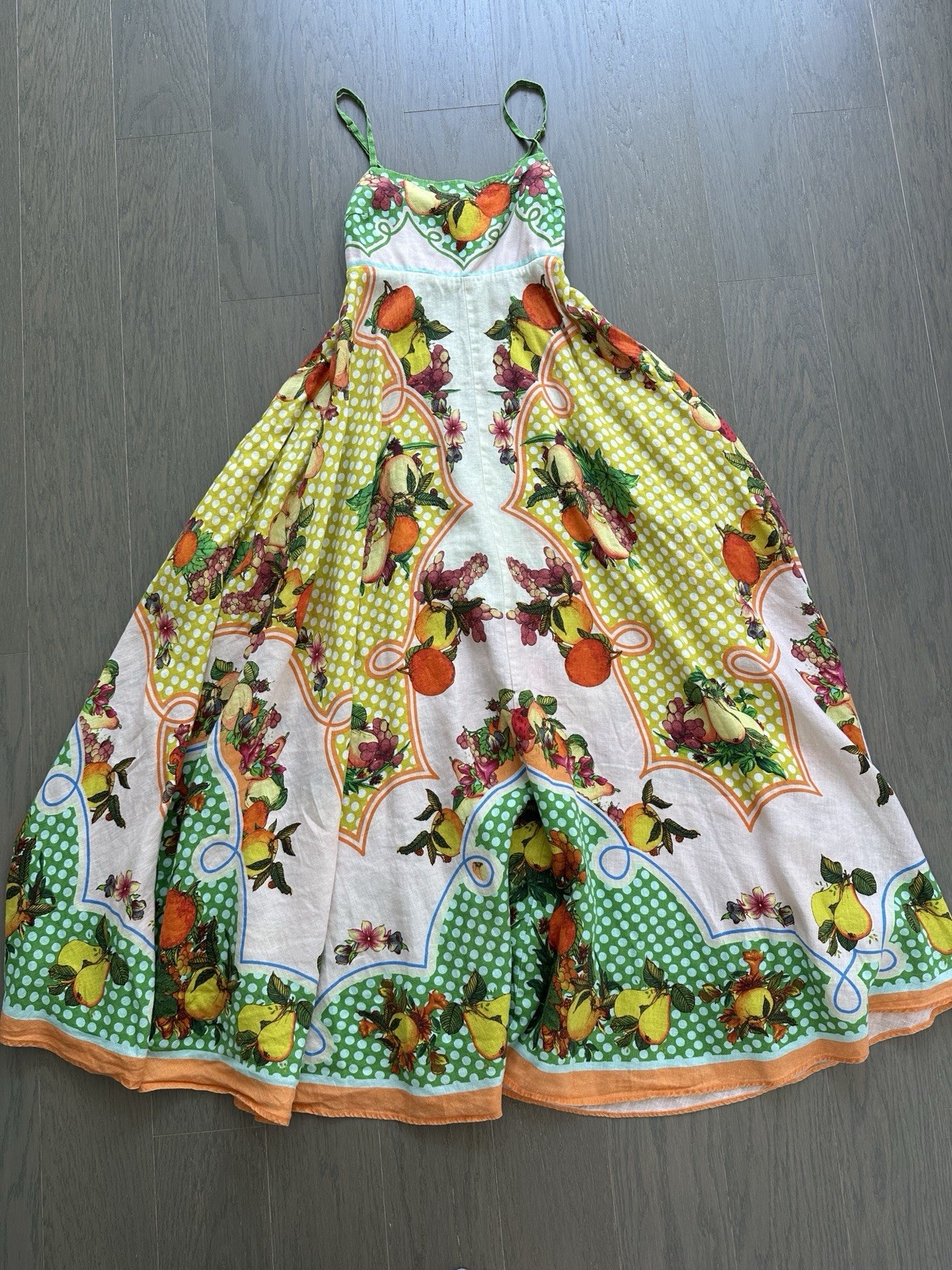 Alemais LEMONIS Citrus Fruit Floral Linen Yellow Midi Dress Sundress Size US 4