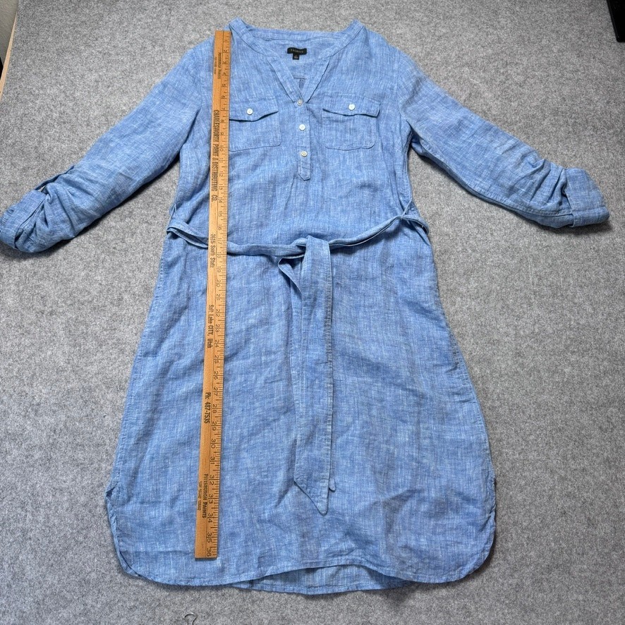 Talbots Blue 100% Linen Belted Shirtdress Small Roll Tab Sleeve Coastal