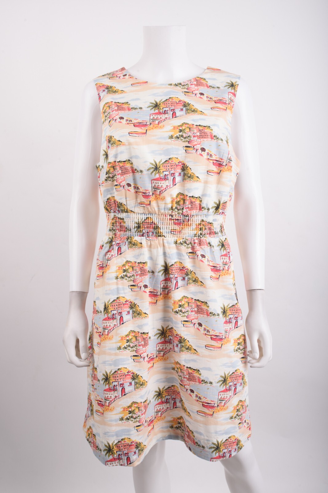 Boden Womans Mini Dress Smocked waist UK 14 US 10 Multicolor Beach Scene NWT