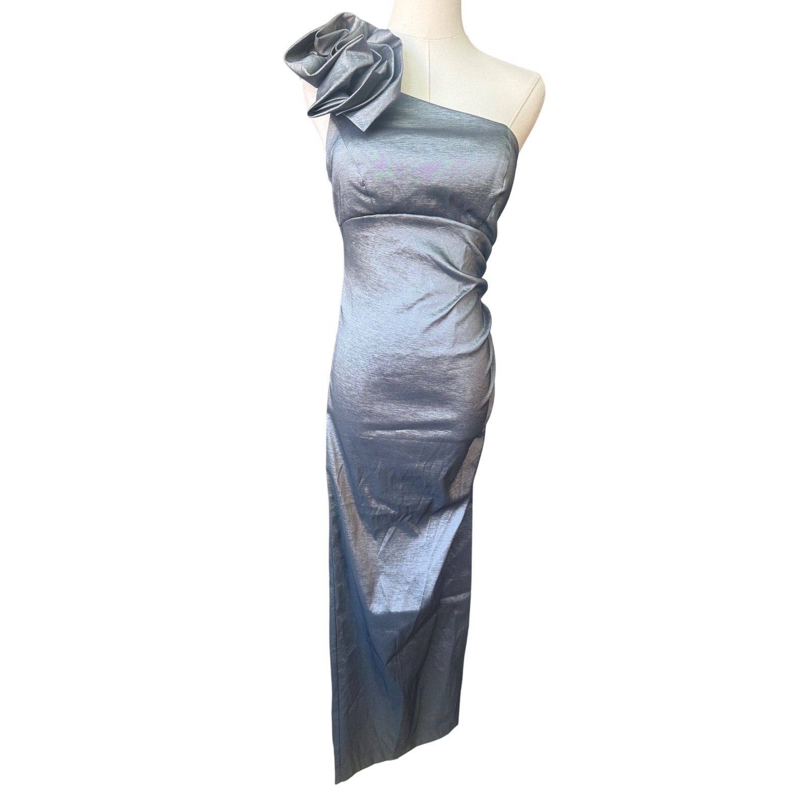 XSCAPE Long Formal One Shoulder Evening Dress Size 4 Ruffle Gunmetal Column