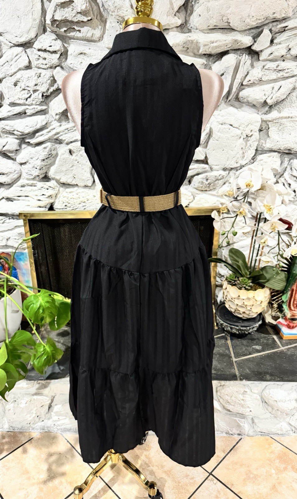 Black Solid Cotton Woven Midi Shirt A-Line Dress, Collared, Button Front, L