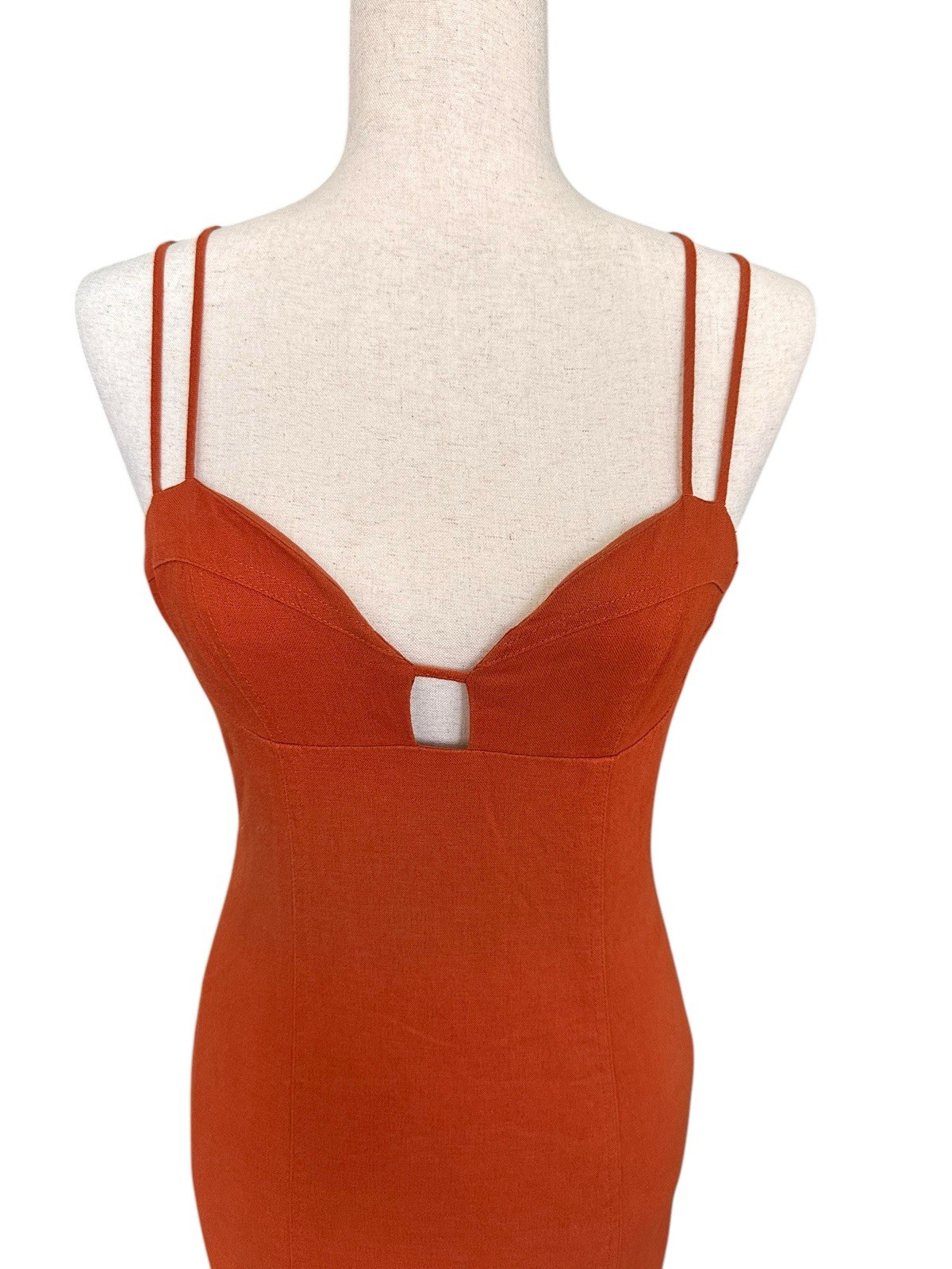 Forever 21 Rust Linen Dress Sleeveless Lined Adjustable Straps Cut Out Sexy SM
