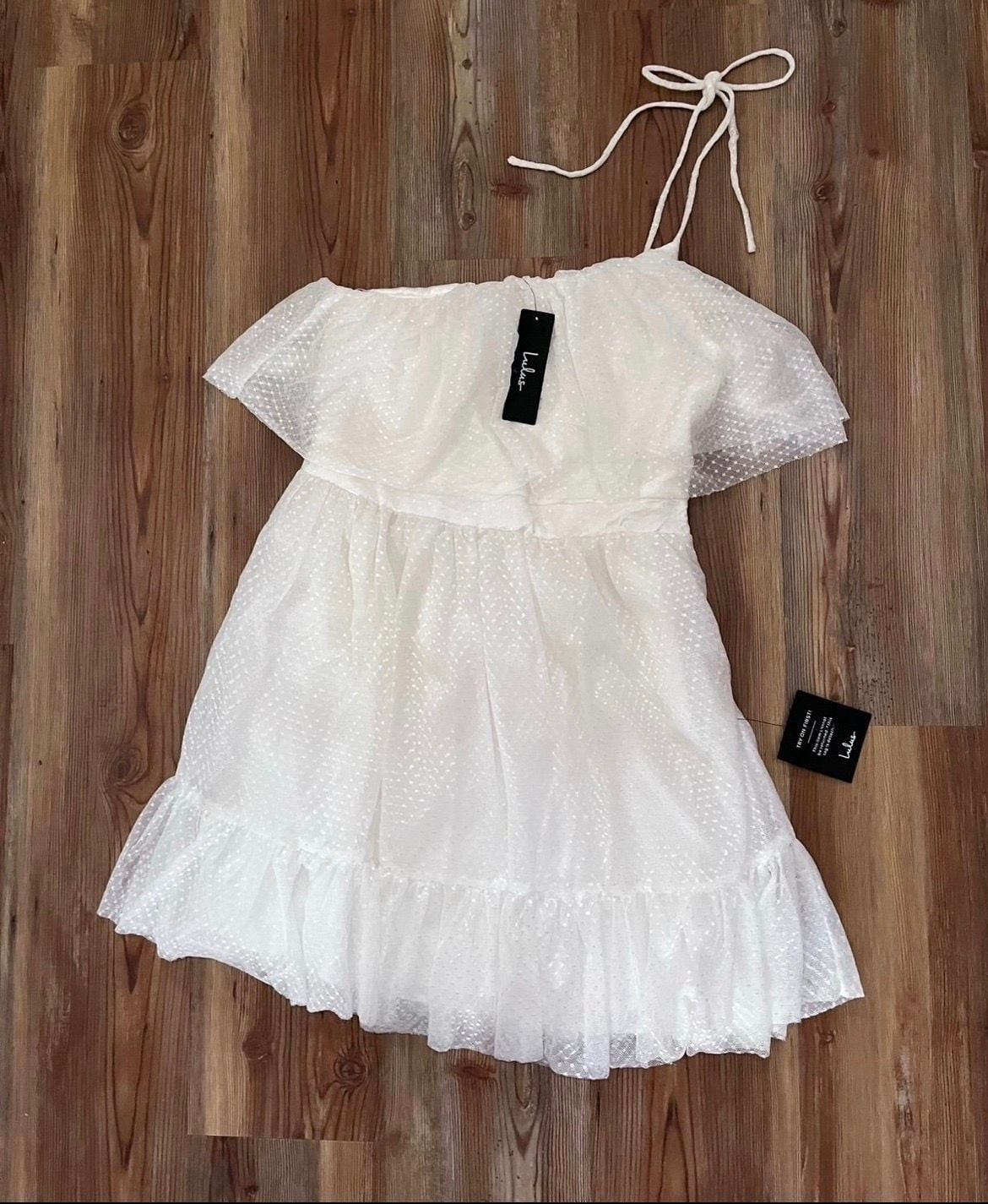 Lulus White Swiss Dot One-Shoulder Ruffle Mini Dress with Tie Strap