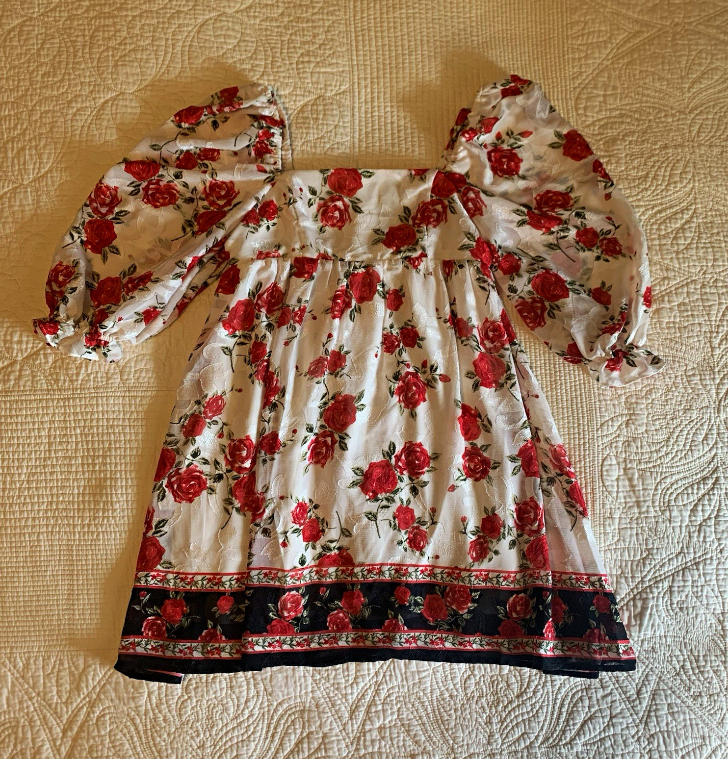 francesca’s Ivory Red Rose Floral Square Neck Puff Sleeve Mini Dress Women’s S