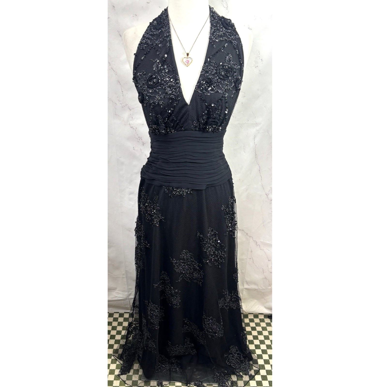 Tadashi Collection Halter Gown Dress 6 Formal Black Mesh Edgy Glam V-Neck Plunge