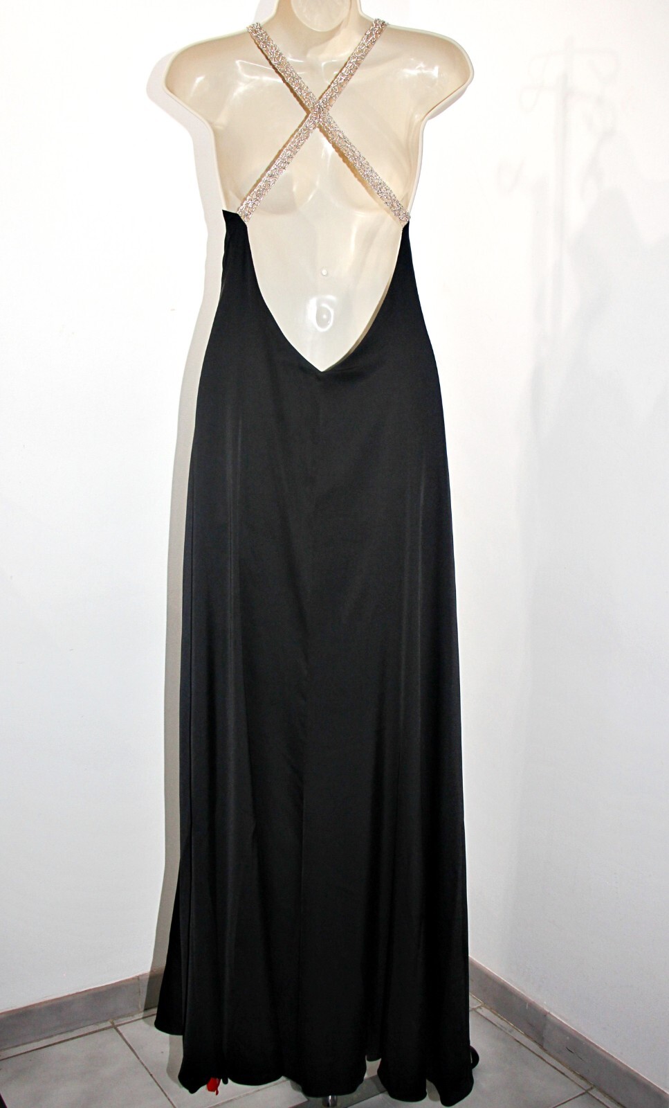 PatBO crystal-beaded side-high-slit open-back black satin gown sz 10 $995
