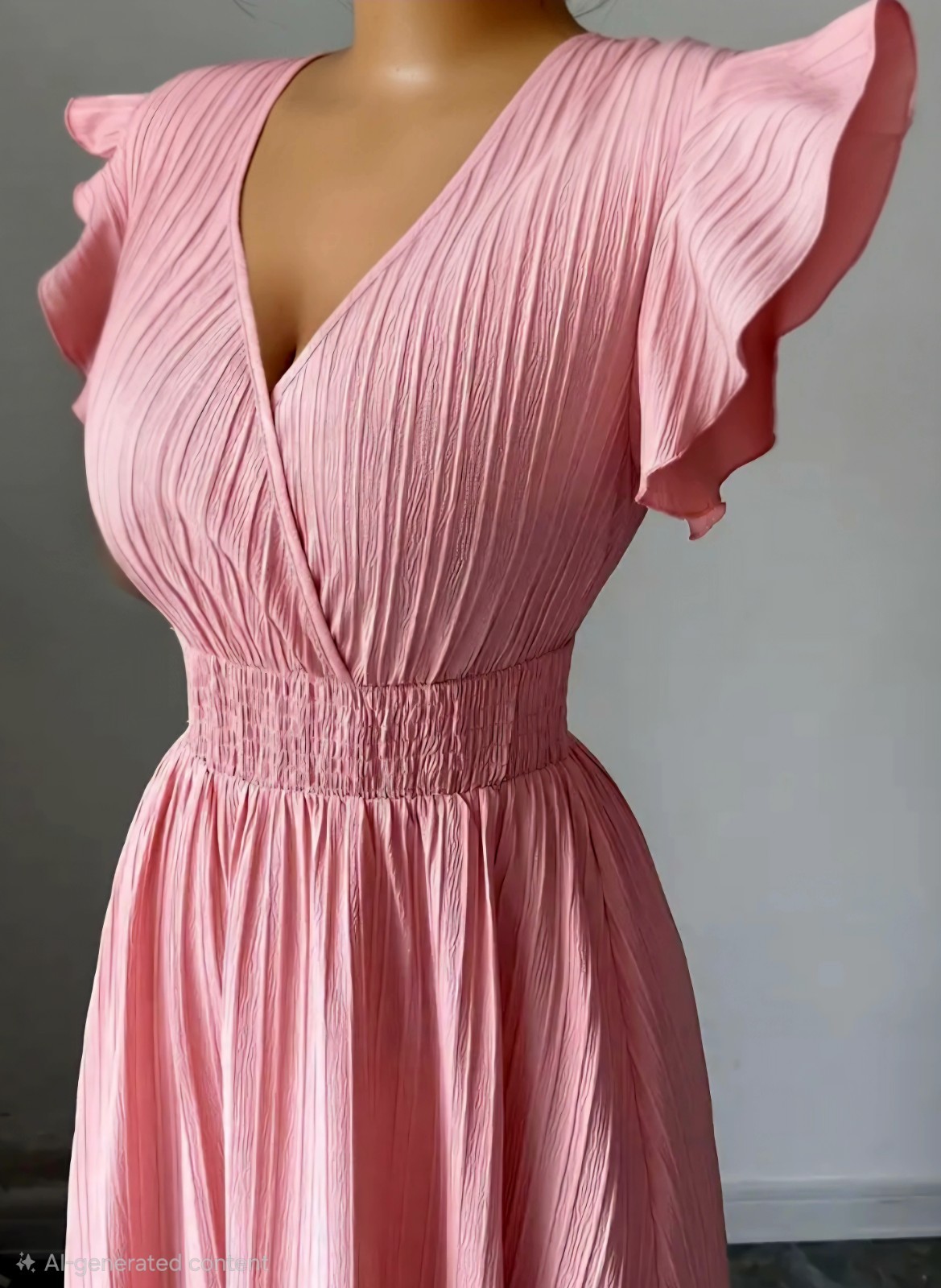 V-Neck Ruffled Long Dress, Pleated Short Sleeve, Stretchy Waist – XL Size