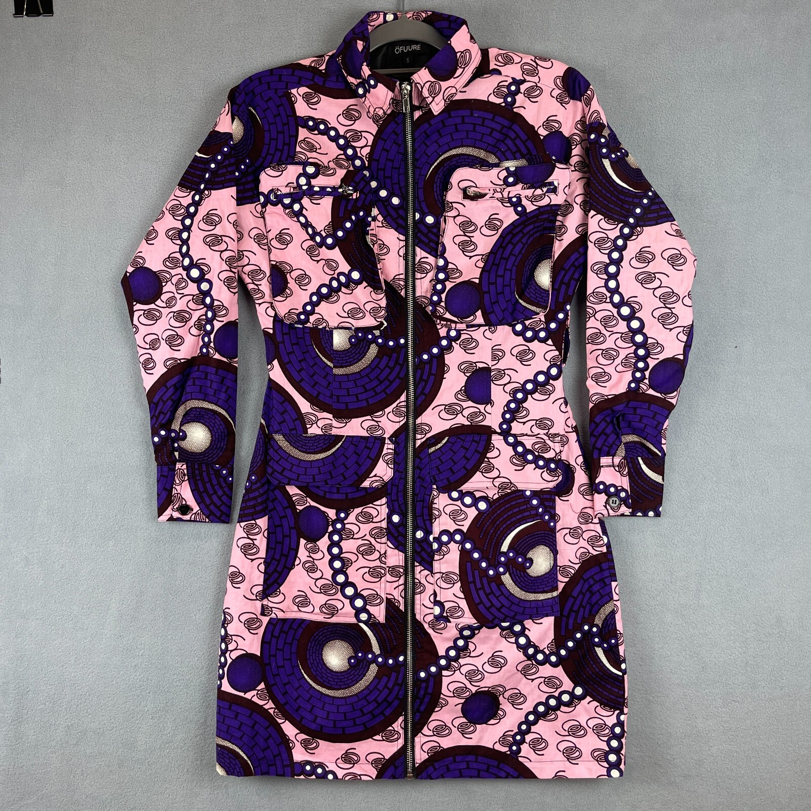 OFuure Dresss Size Small Purple Pink African Tribal Full Zip Lined Pockets NEW