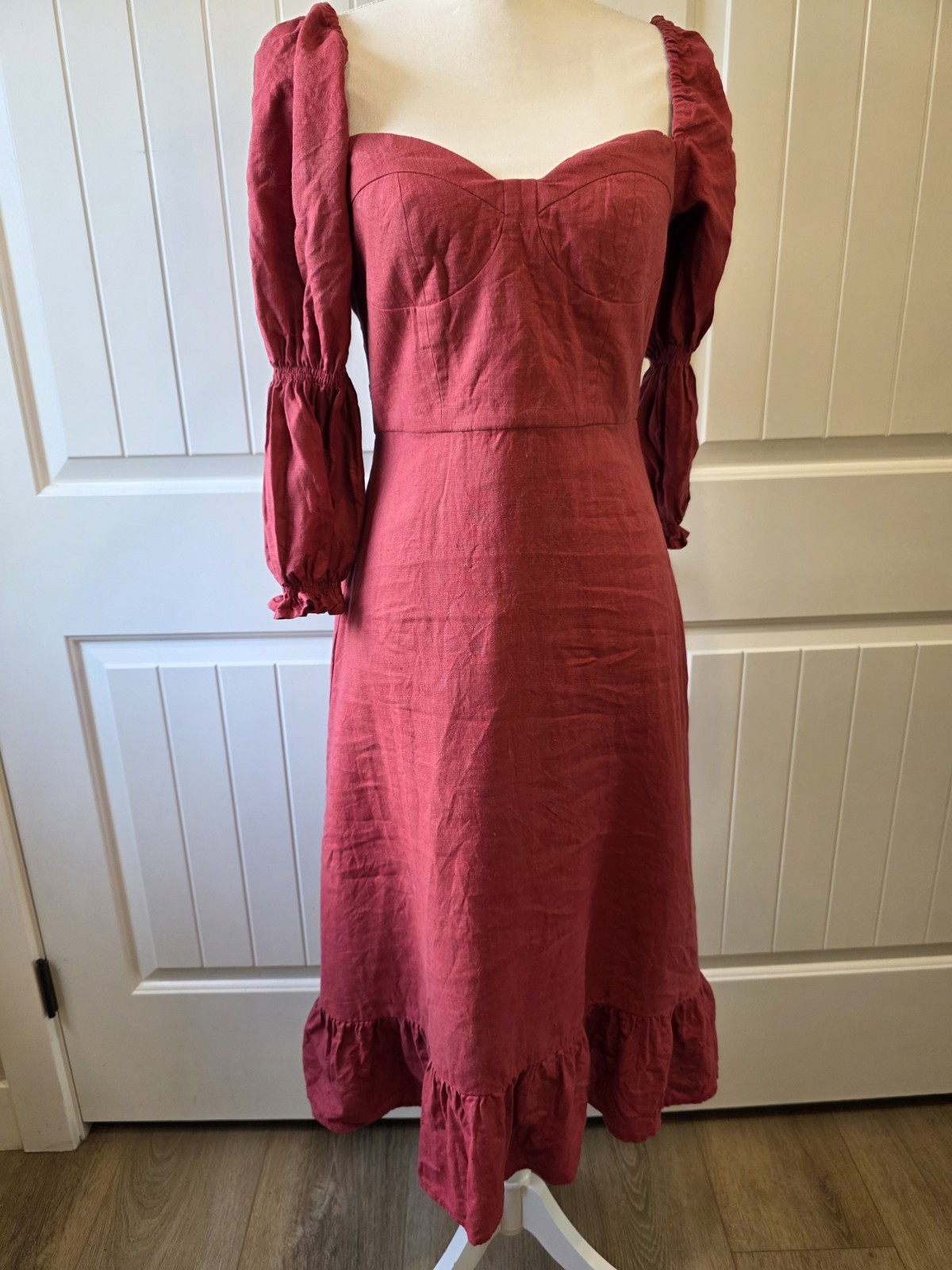 GAÂLA Paris Minsk 100% Linen Puff Sleeve Midi Dress Burgundy Size 36 EU Us 4