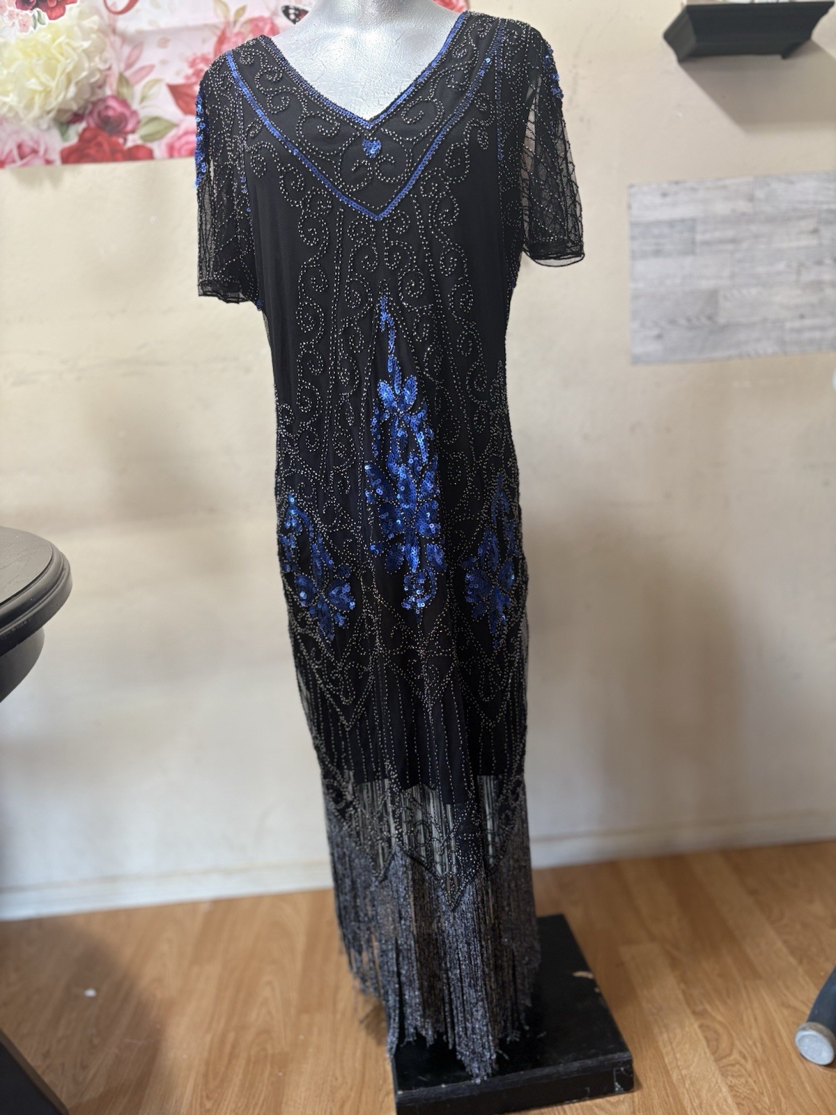PrettyGuide Black Blue Beaded Sequin Mesh Fringe Long V-Neck Sheath Dress L