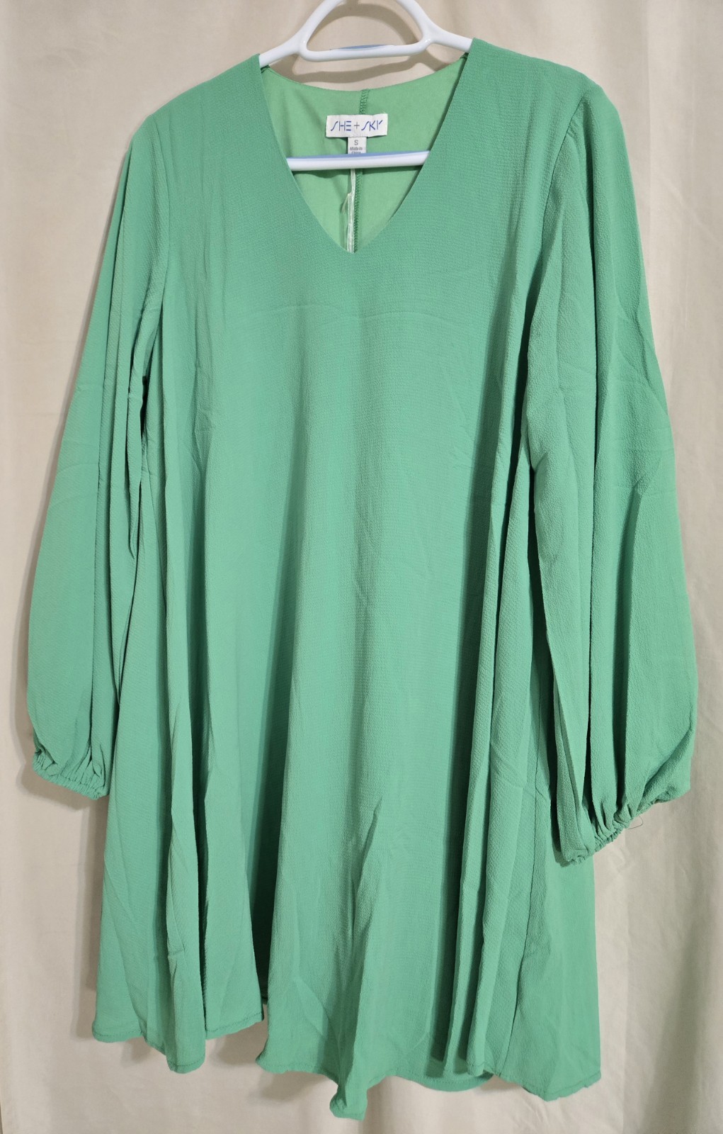 SHE + SKY Green V-Neck Long Bubble Sleeve Dress Size Small New With Tags