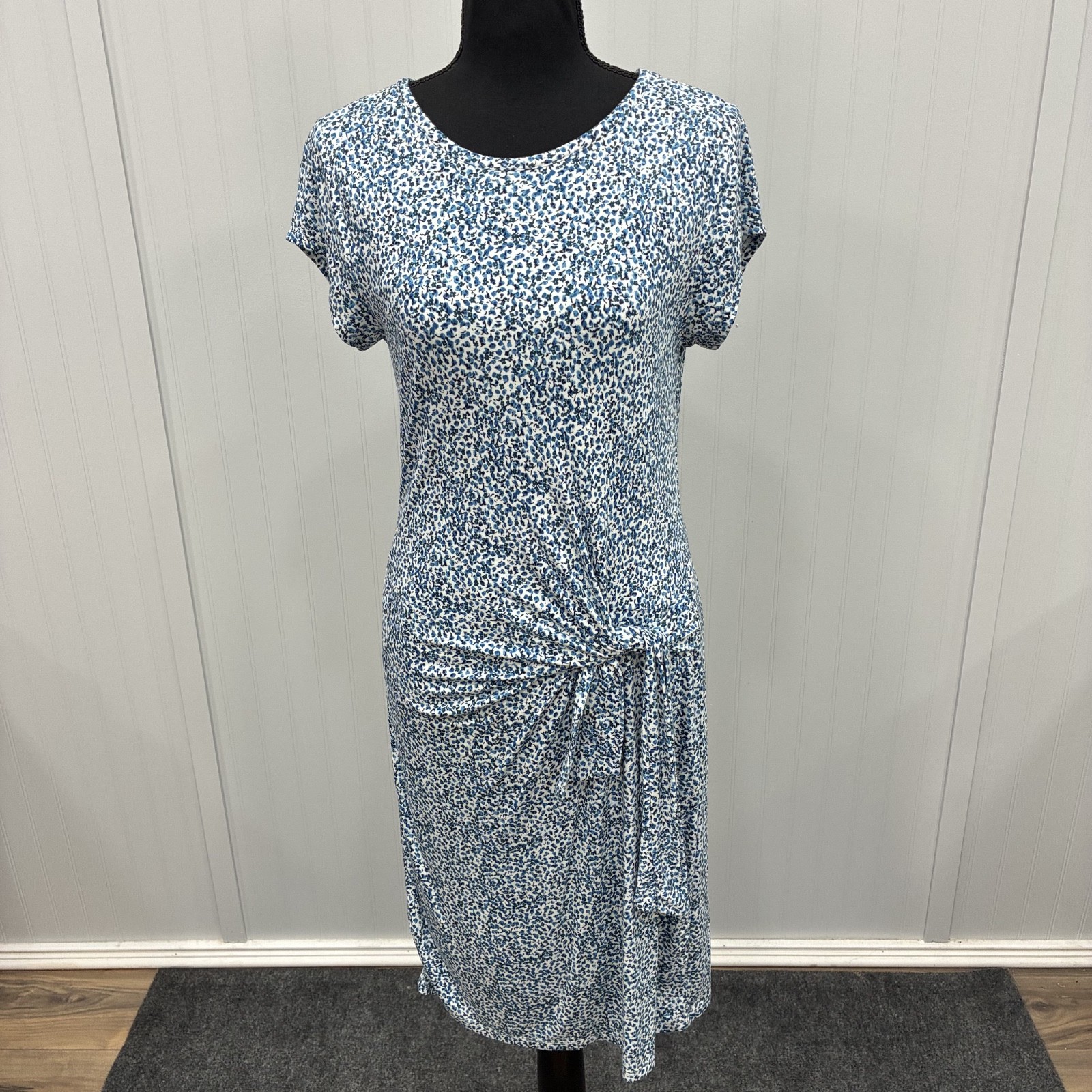 NWT Loft Womens Small White/Blue Stretch Twist Waist Casual Shirt Dress Classic