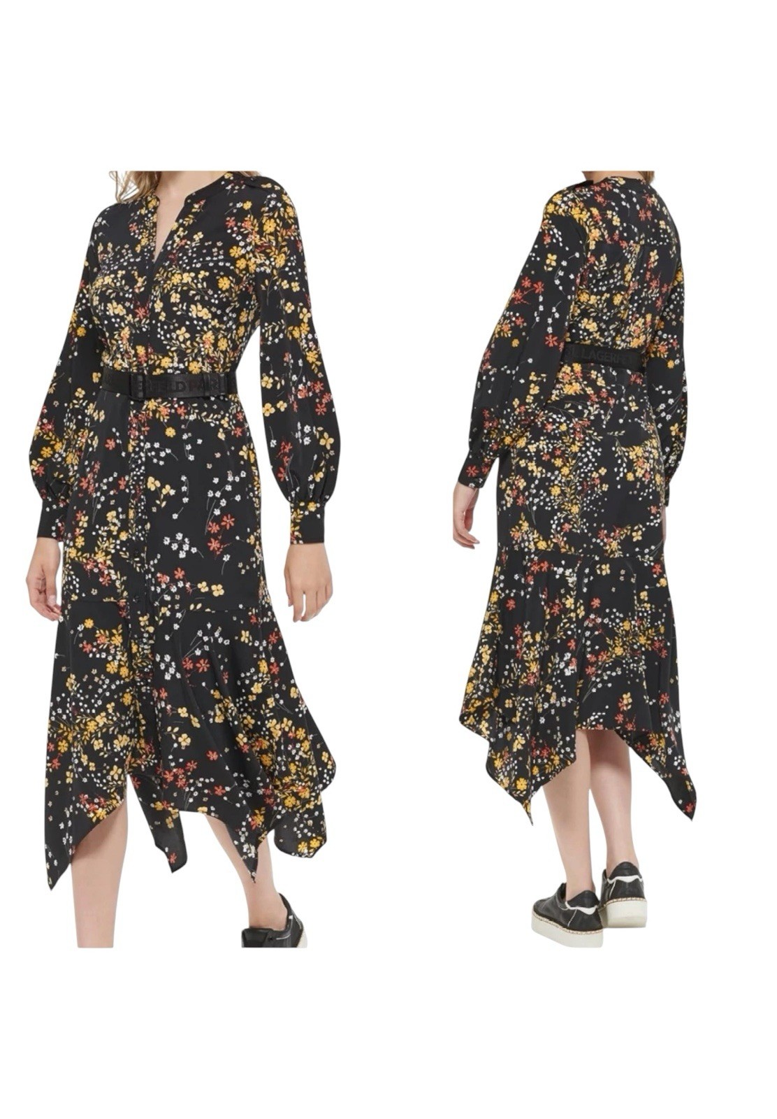 Karl Lagerfeld Paris Dress Floral Maxi Midi Long Sleeve Black Multicolor Size 4