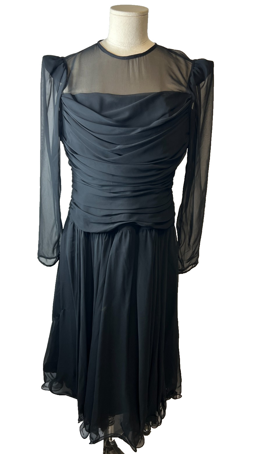 Ann Hobbs For Kastina Dress Size 8 Black Chiffon Dress Pleated Sheer Midi Ruffle
