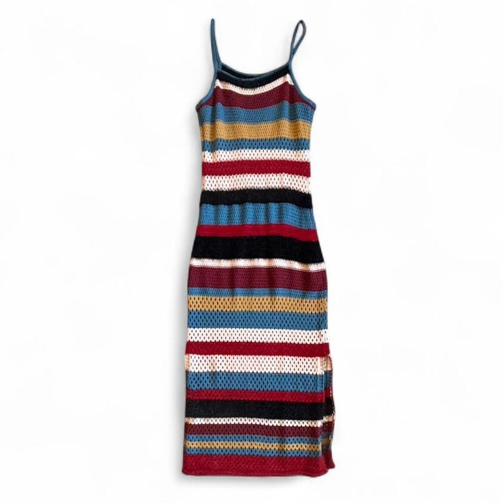 Striped Crochet Maxi Dress – Boho Fuzzy Knit M