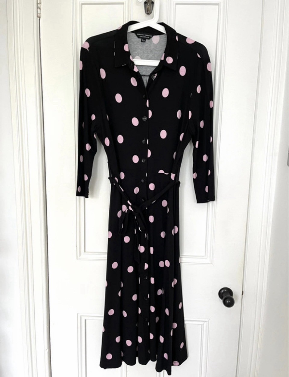 Dorothy Perkins Spot Midi Shirt Dress, Buttons & Belt, 12, Black & Pink