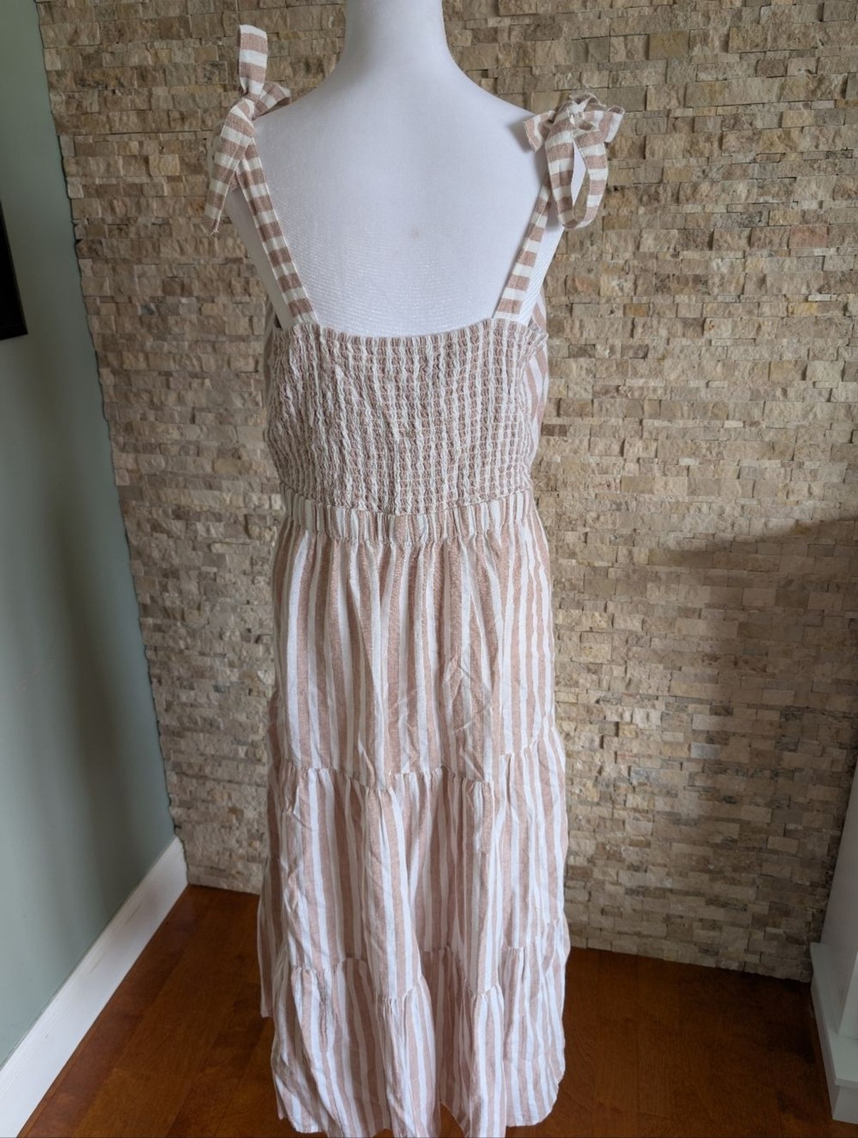 Linen Blend Tie Strap Ruffle Tier Coastal Neutral Striped Midi Dress Sz L Beach