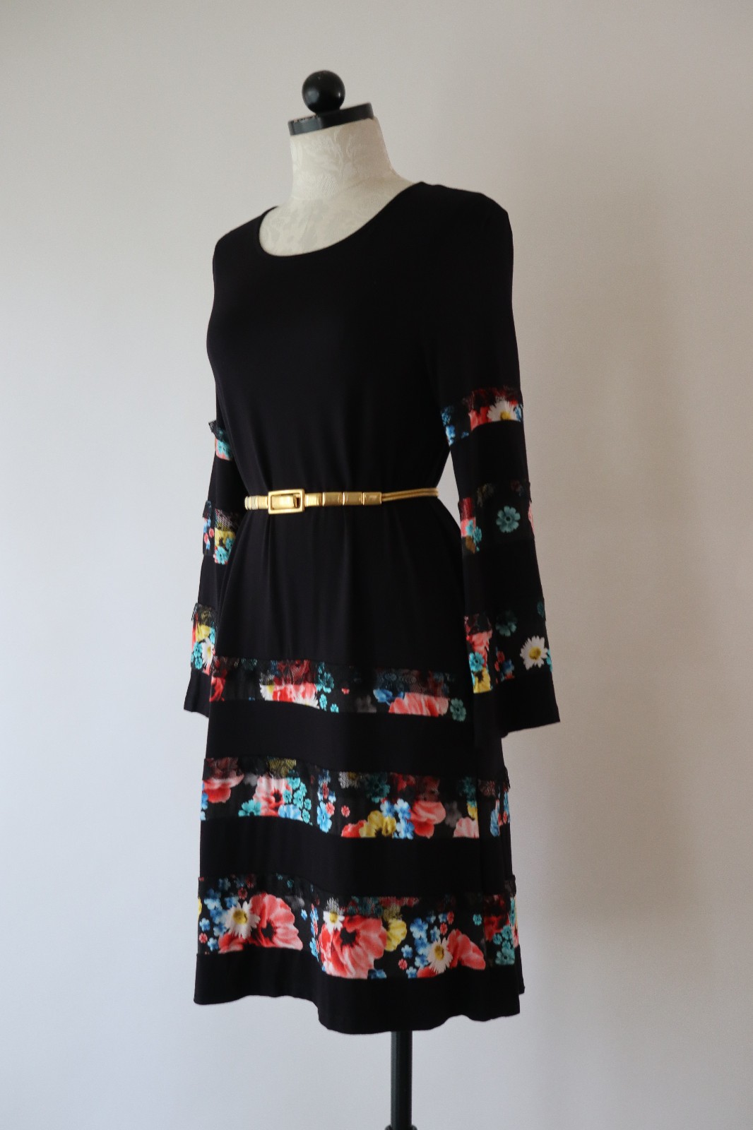 Desigual Black Jersey Colorful Floral Stripes Lace Ruffles Tshirt Dress Women L