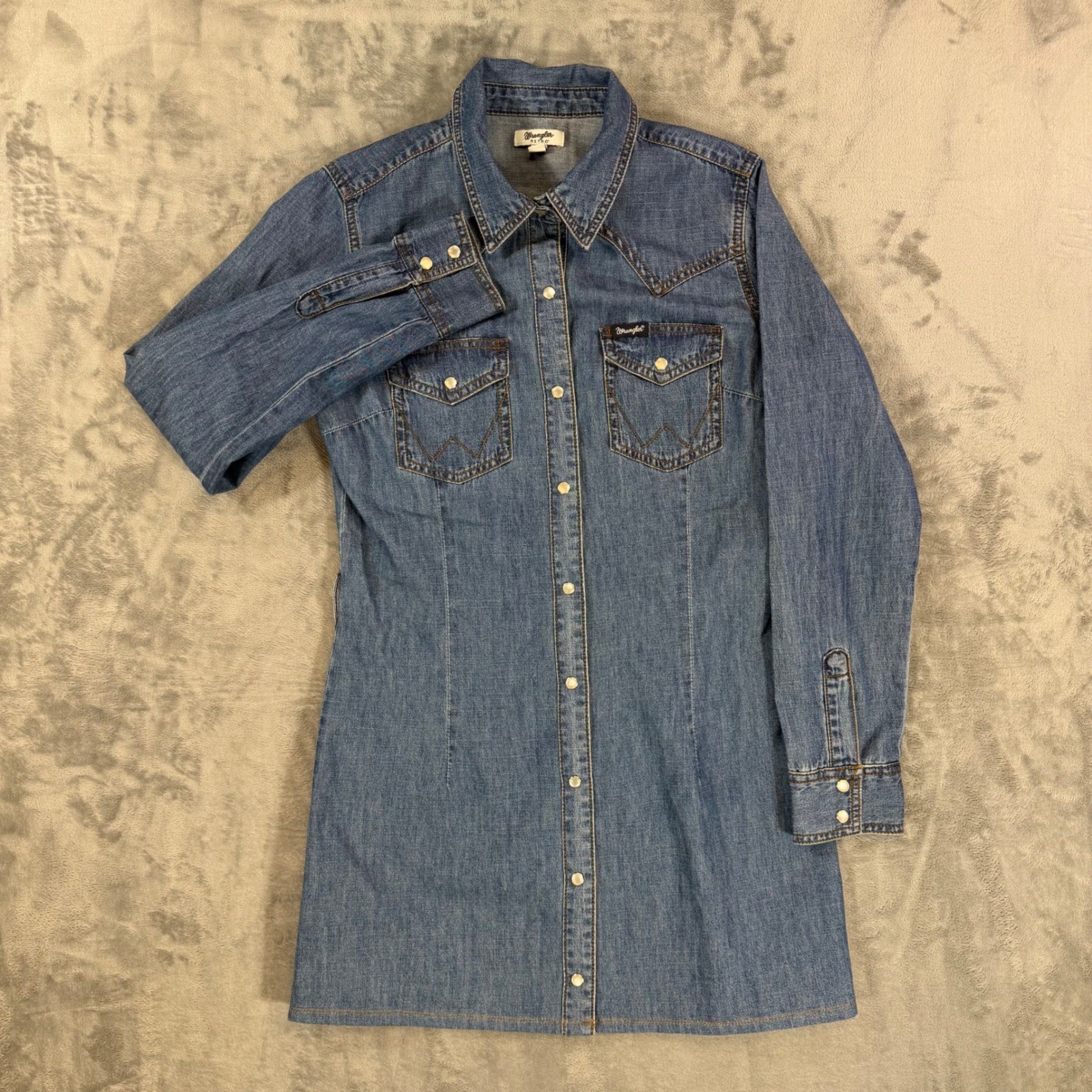 Wrangler Retro Western Denim Shirt Dress Women’s Size S | Small Blue Pearl Snap