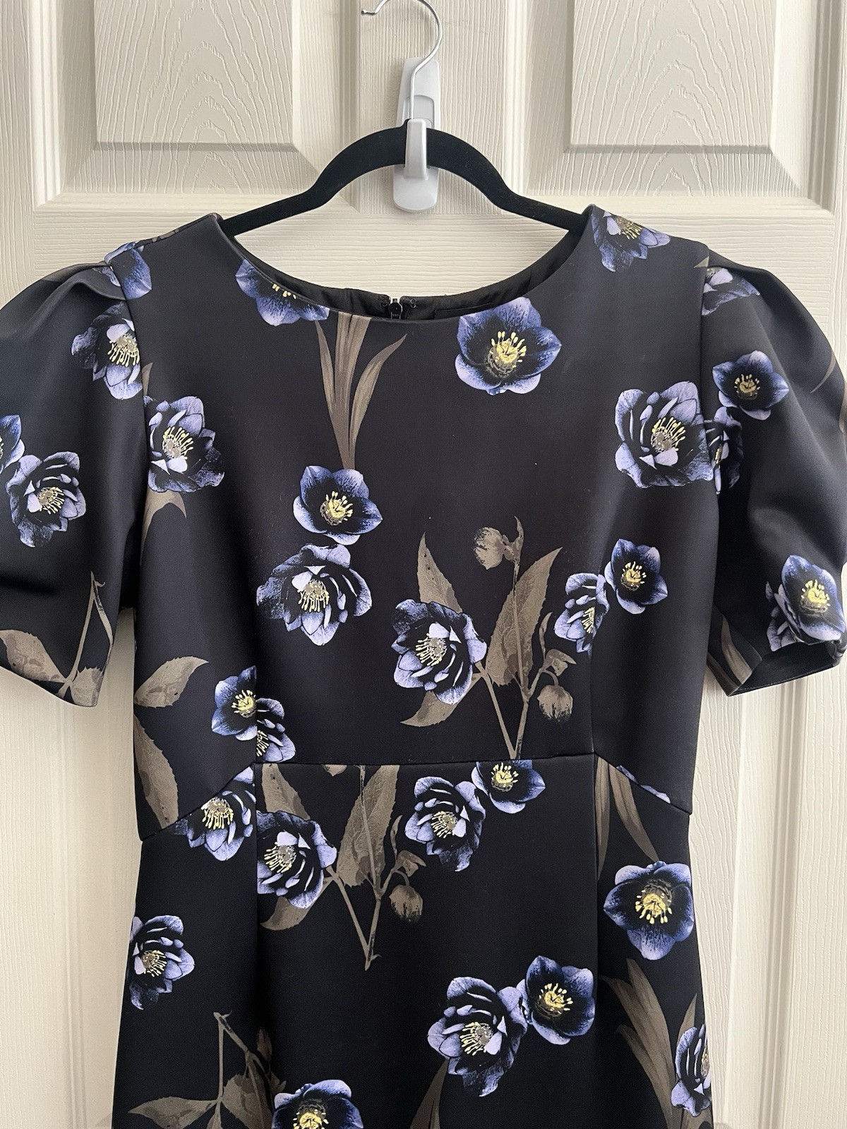 ALEX MARIE Black Floral Neoprene Scuba Puff Sleeve Stretch Sheath Dress Sz 10