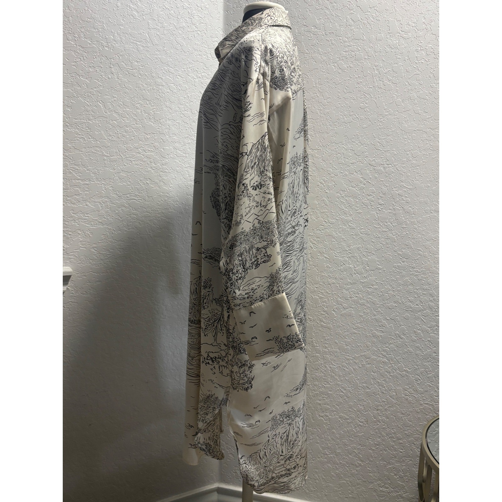 HM Womens Large Cream Black Scenic Toile Print Satin Shirt Dress Long Sleeve L