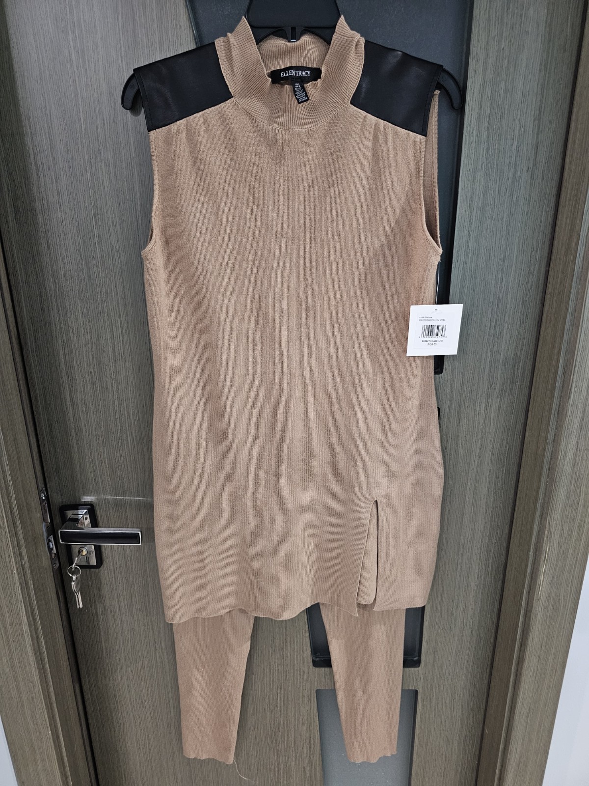 Ellen Tracy Camel Brown Sleeveless Sweater Dress With Matching Pants Set Size L