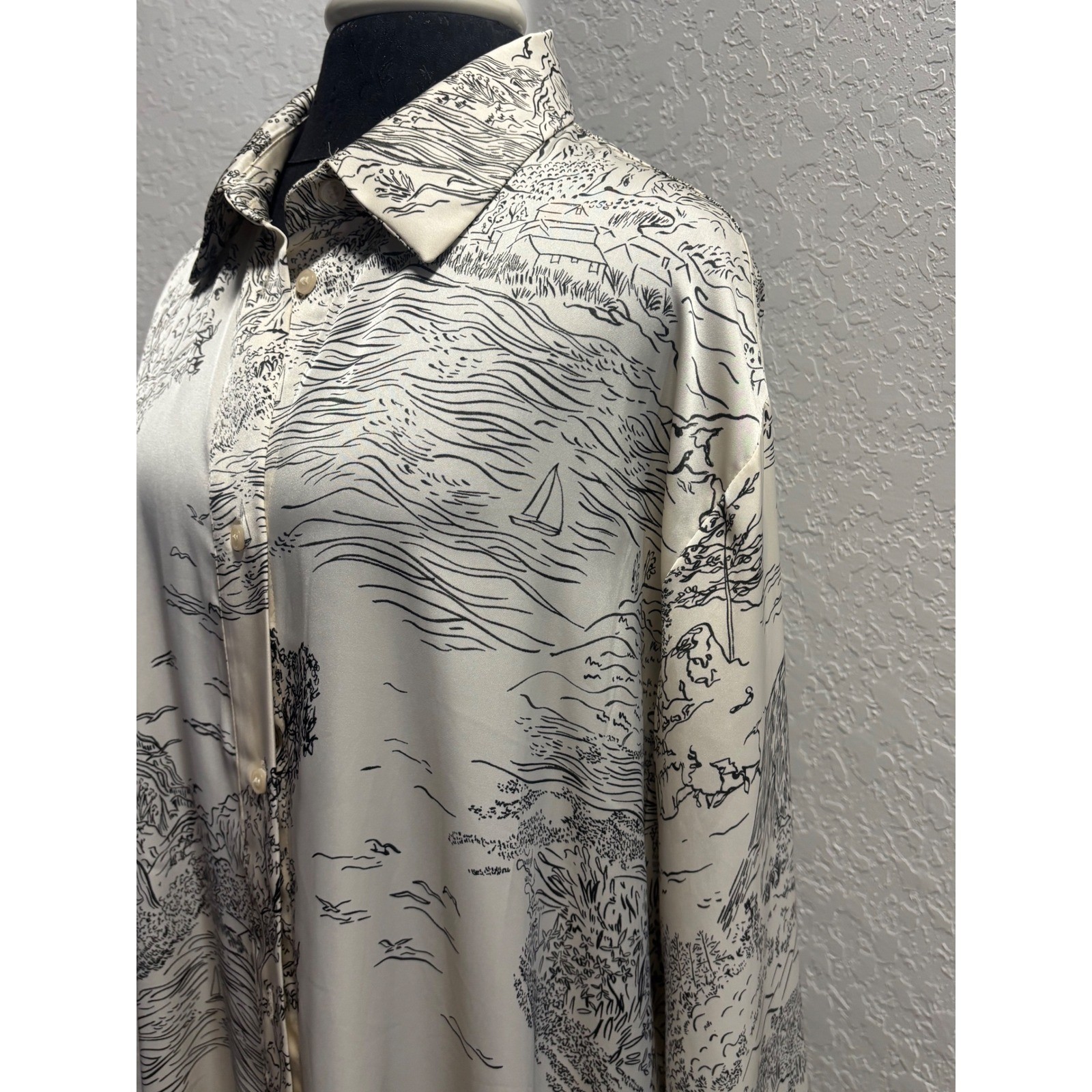 HM Womens Large Cream Black Scenic Toile Print Satin Shirt Dress Long Sleeve L