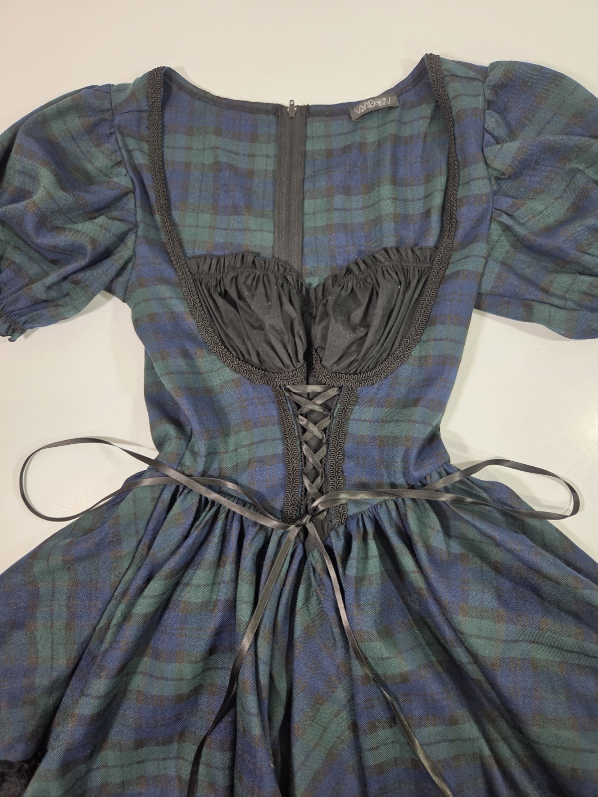 Widow Dolls Kill Study Mini Dress Plaid Tartan Green Babydoll Milkmaid Sz S