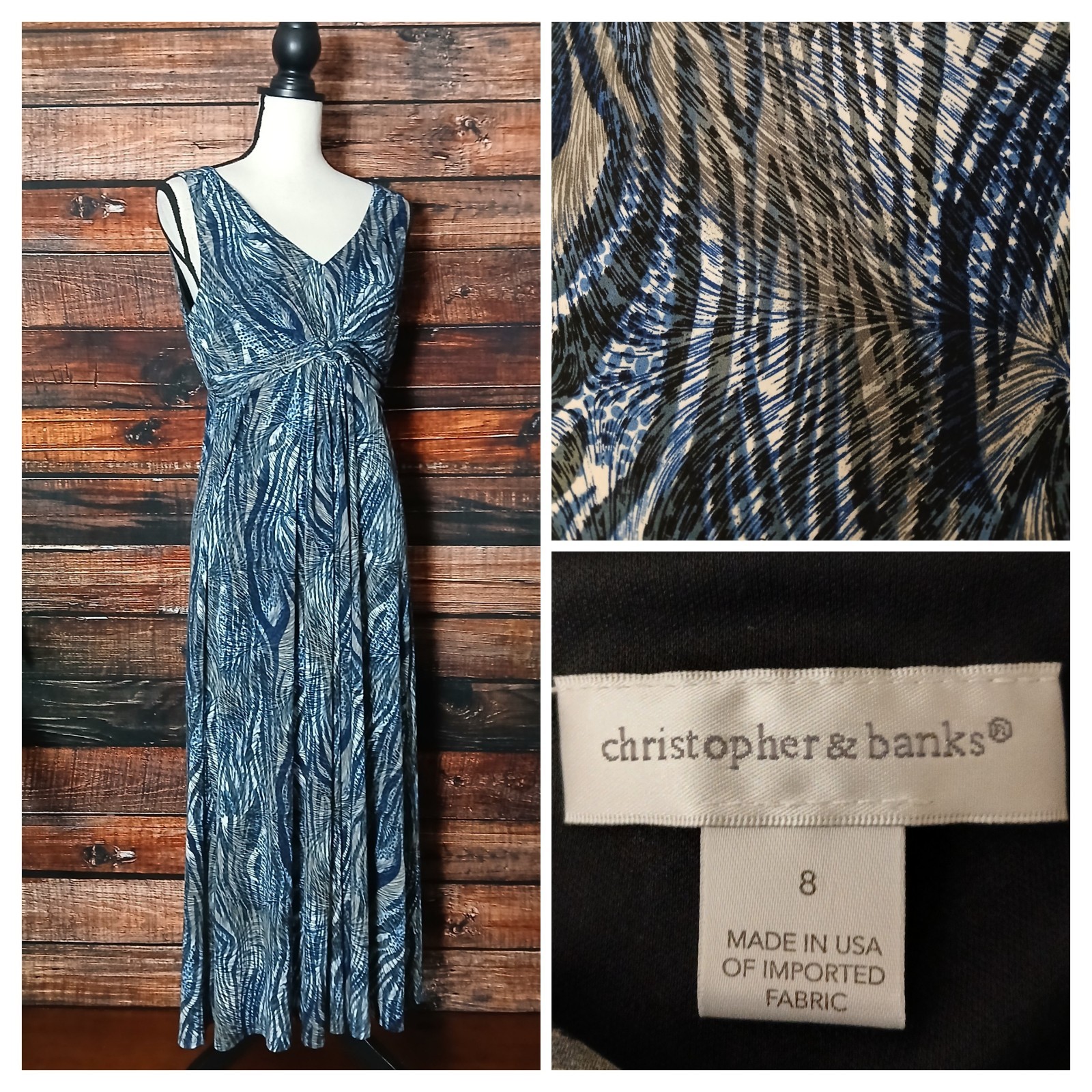 Christopher & Banks Midi Dress Size 8 Knot Front Pleat Boho Vintage USA Made