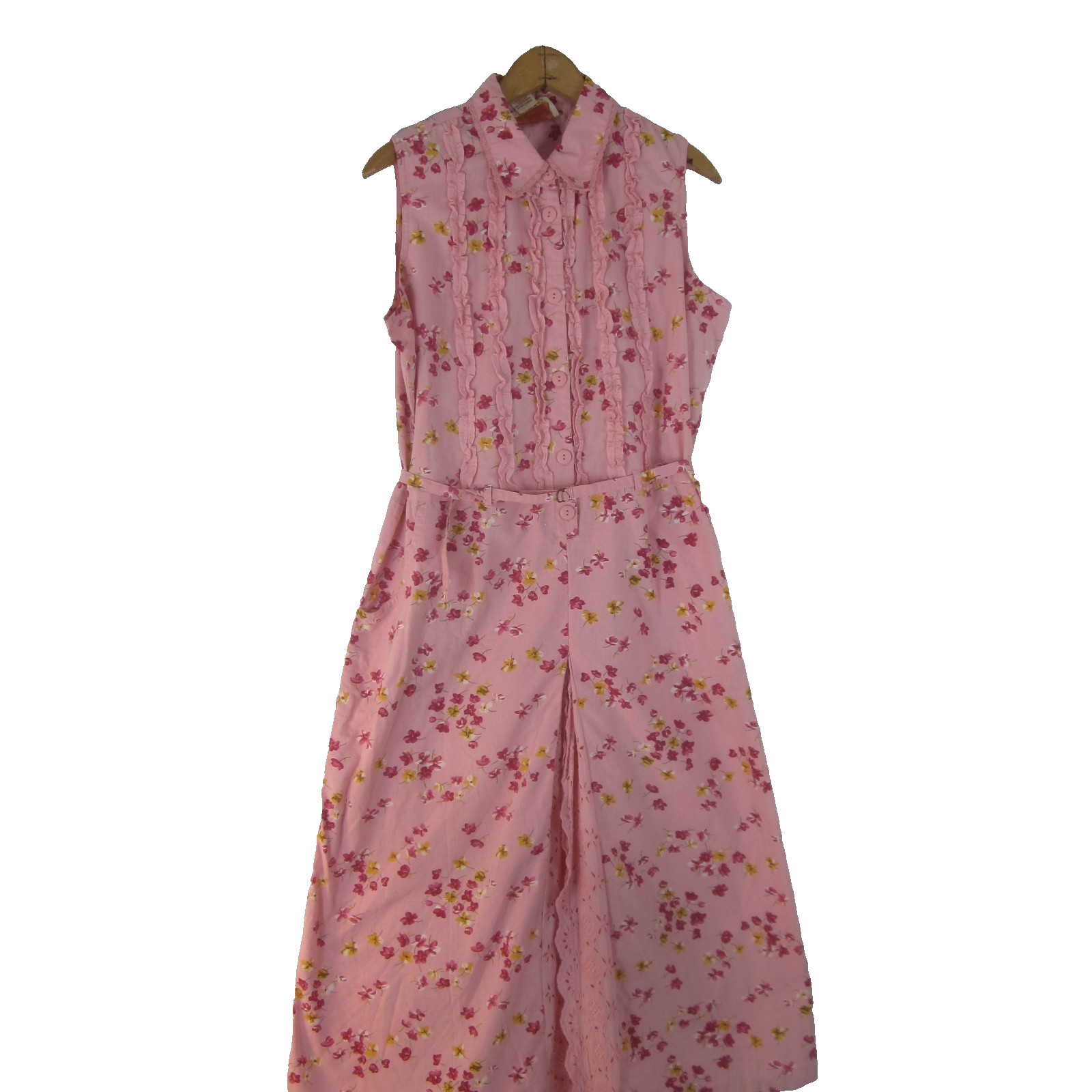 April Cornell Women XL Pink Floral Cotton Midi Dress Lace Ruffle Belted Cottage