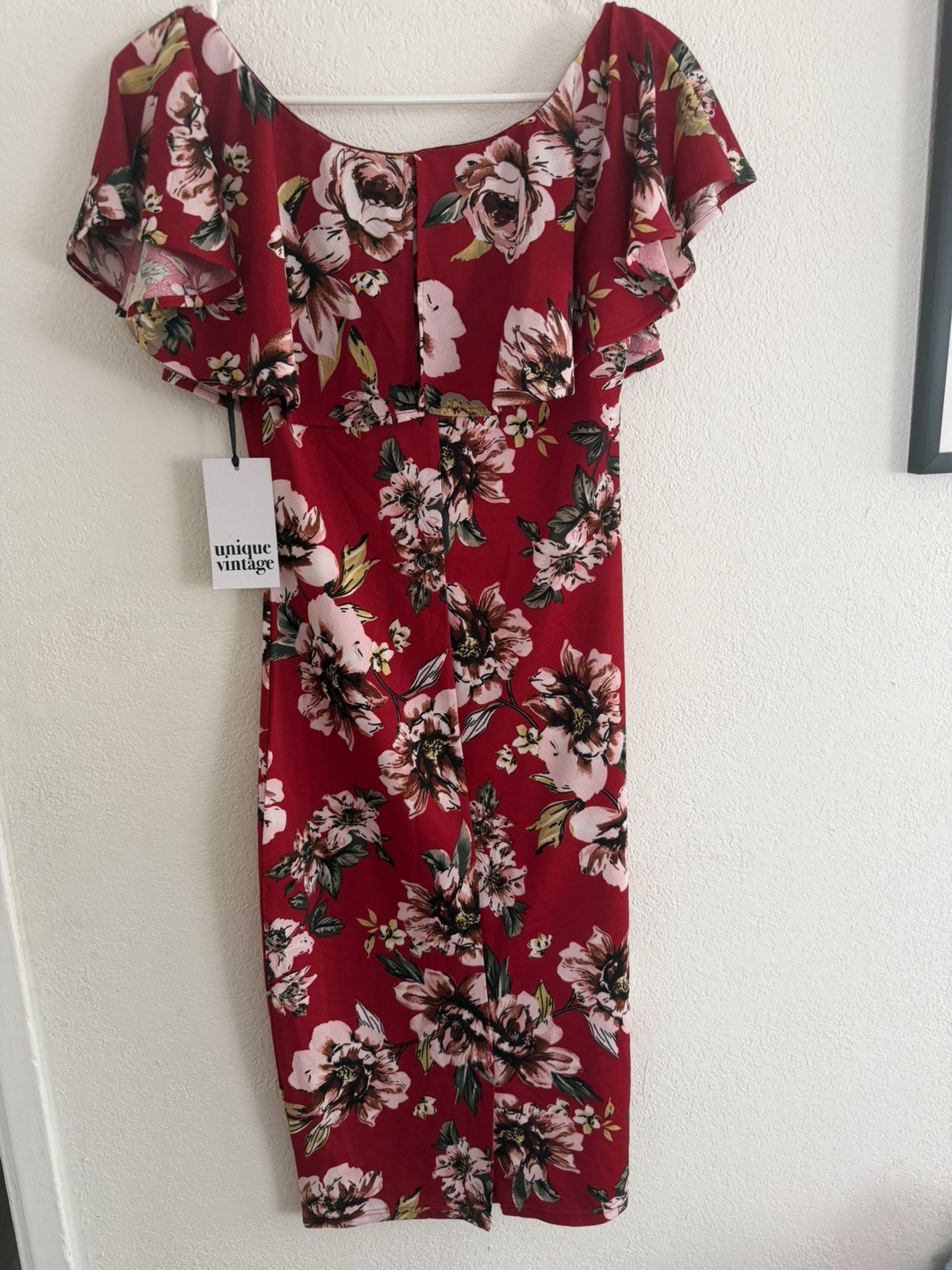 NWT Unique Vintage Size M Burgundy Red White Floral Ruffle Collar Pencil Dress