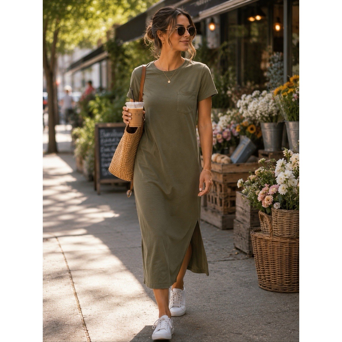 Madewell Olive Green Pocket T-Shirt Midi Dress Women’s Small Cotton Side Slit
