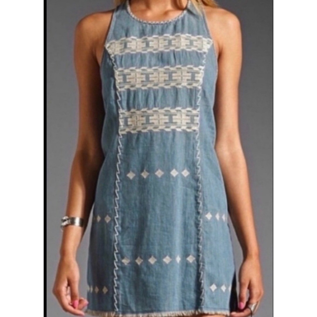Free People Aztec Chambray Festival Dress Blue Embroidered Frayed Hem Mini Small