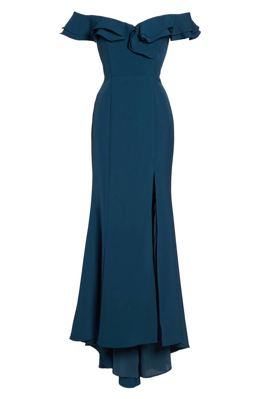 JARLO Teal Dark Blue Green Ruffle Off Shoulder Mermaid Maxi Gown w/Train 4 US S