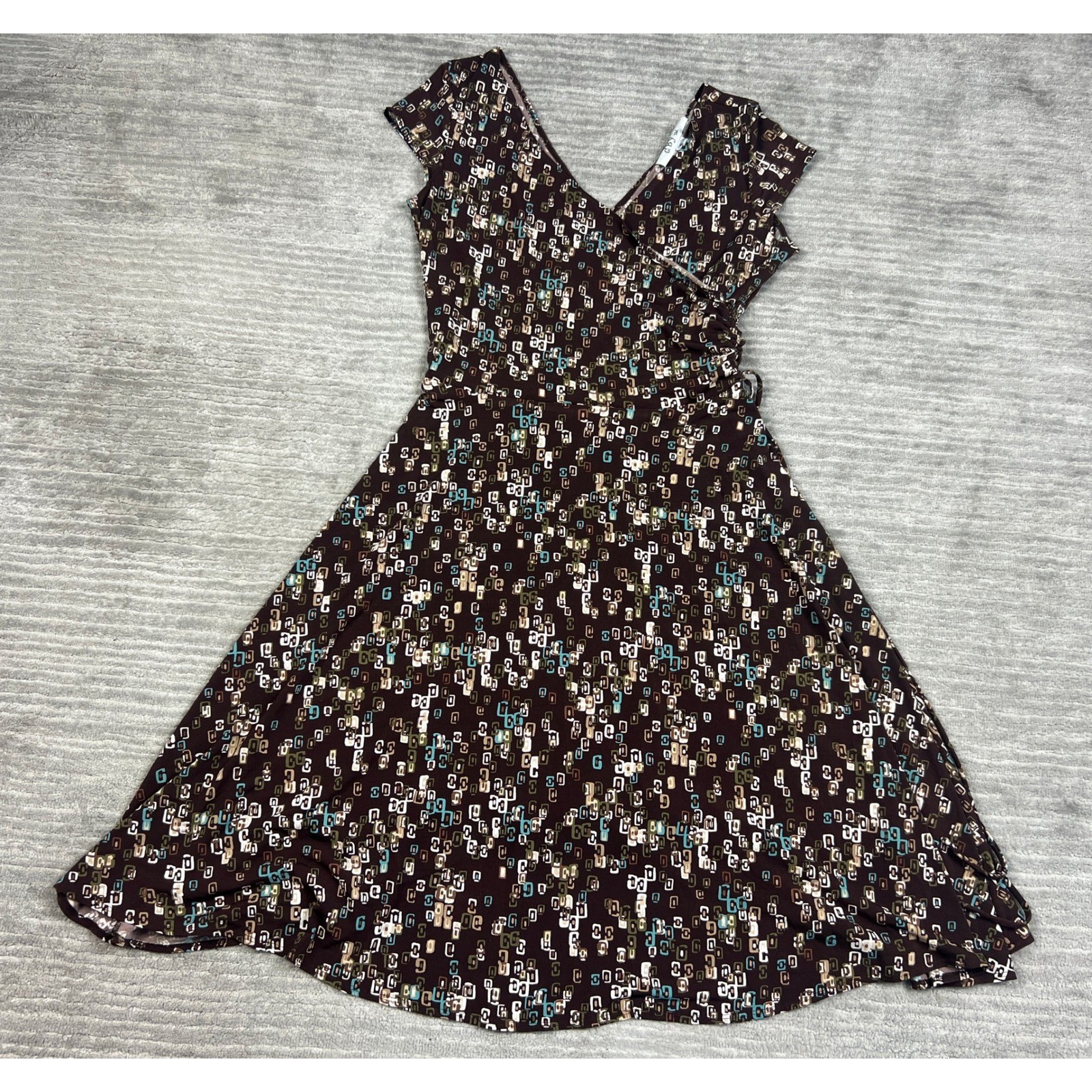 dBy Ltd Dress Womens 8 Brown Geometric Cap Sleeve Wrap A-Line V-Neck 9672960