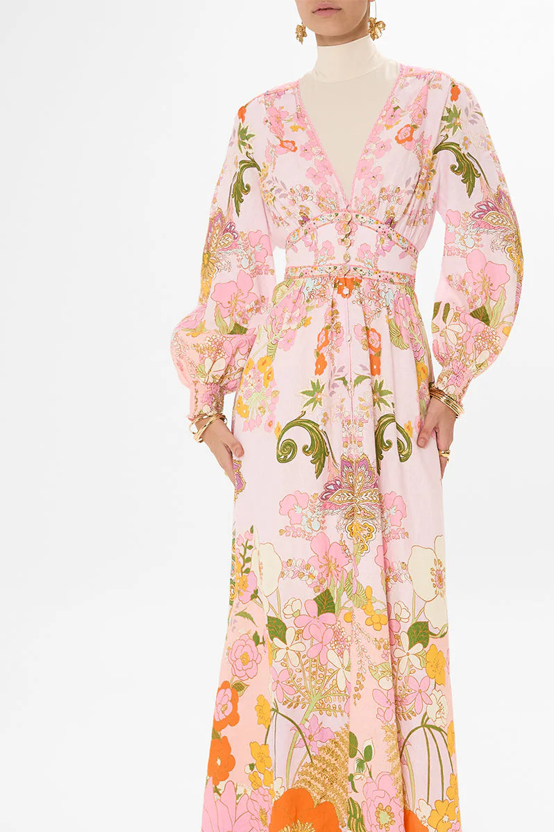 CAMILLA “Clever Clogs” Linen V-Neck Empire Waist Floral Smocked Maxi Dress, M