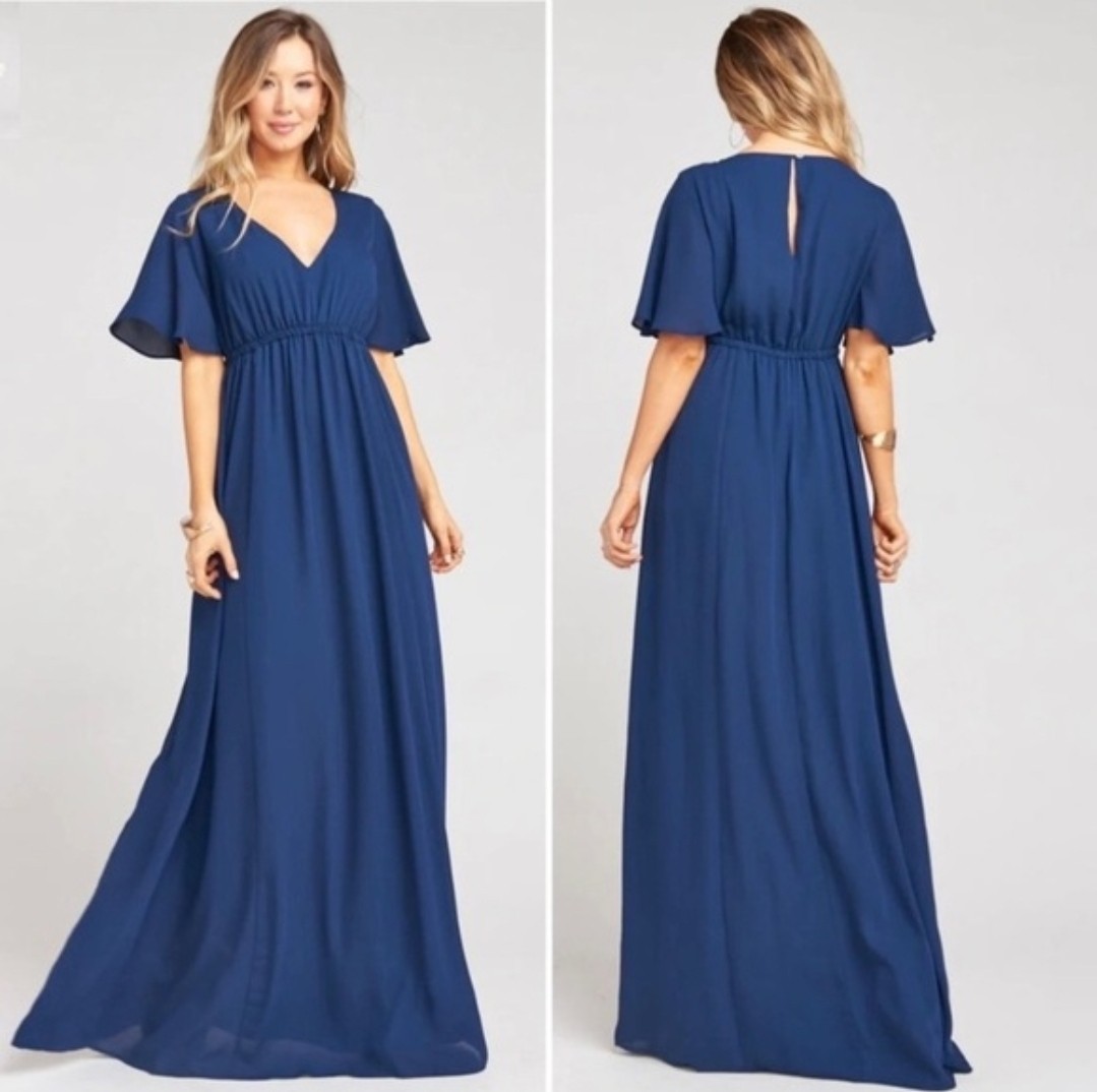 Show Me Your Mumu Emily Empire Maxi Dress Navy Blue Keyhole Back XXS New