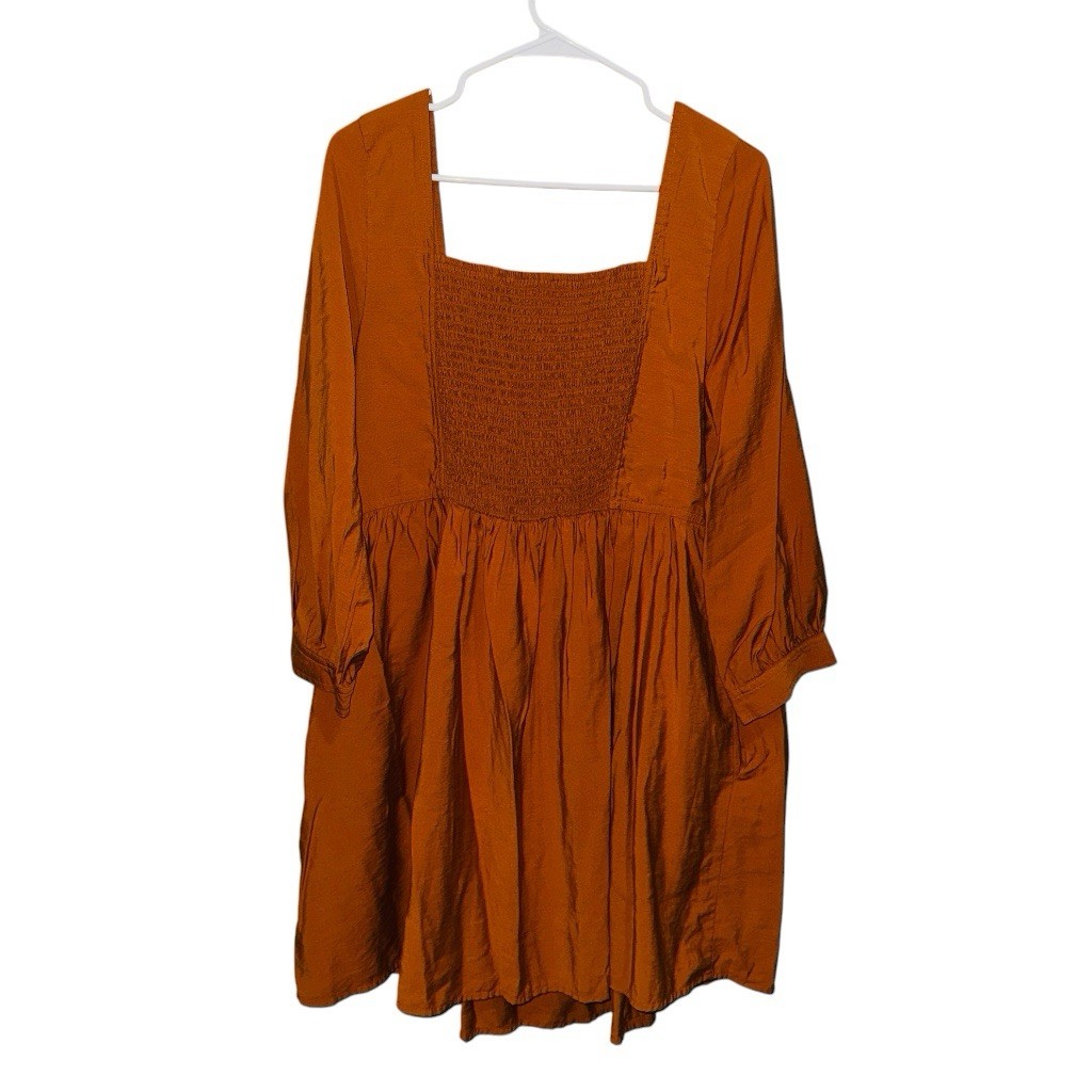 Banana Republic Burnt Orange Solid Square Neck Smocked Babydoll Mini Dress XL