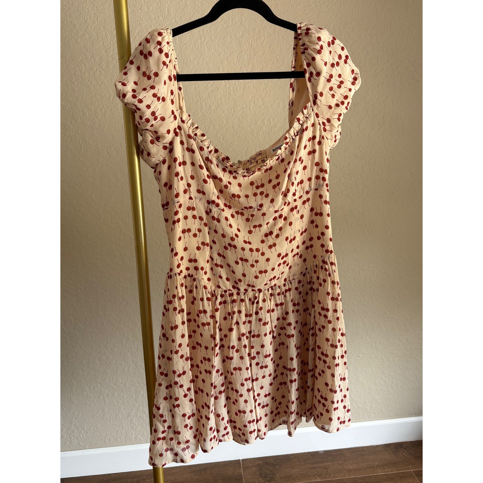 Reformation Davonne Cherry Print Mini Dress Smocked Back 12 Pinup Retro