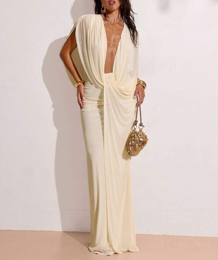 SHEIN BAE Deep V-Neck Draped Mesh Maxi Dress