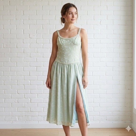 Pastel Green Embroidered Pearl Trim Midi Dress Sz M Cottagecore Princess Costume