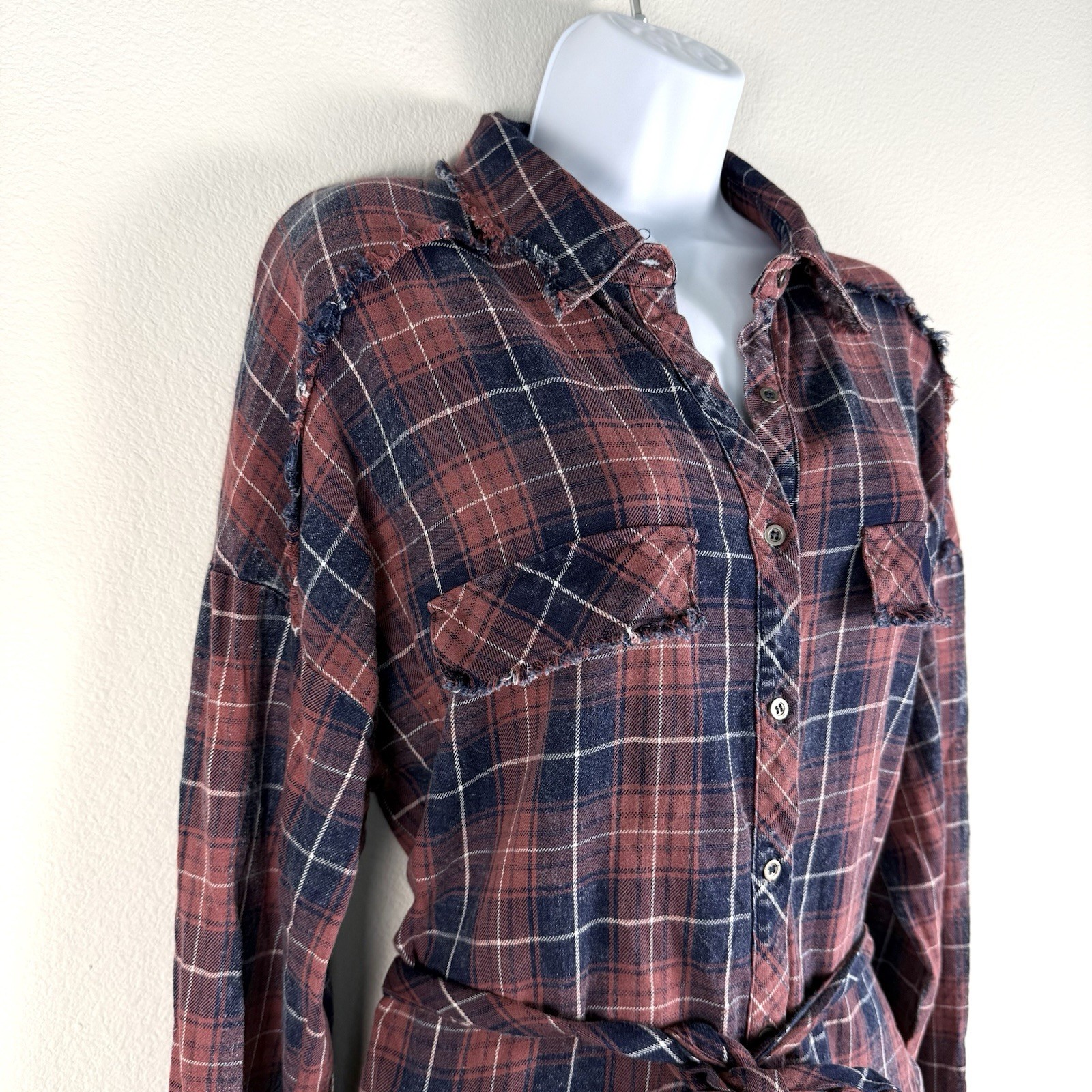 Plaid Button Up Shirt Dress Womens Large Distressed Country Western Heritage