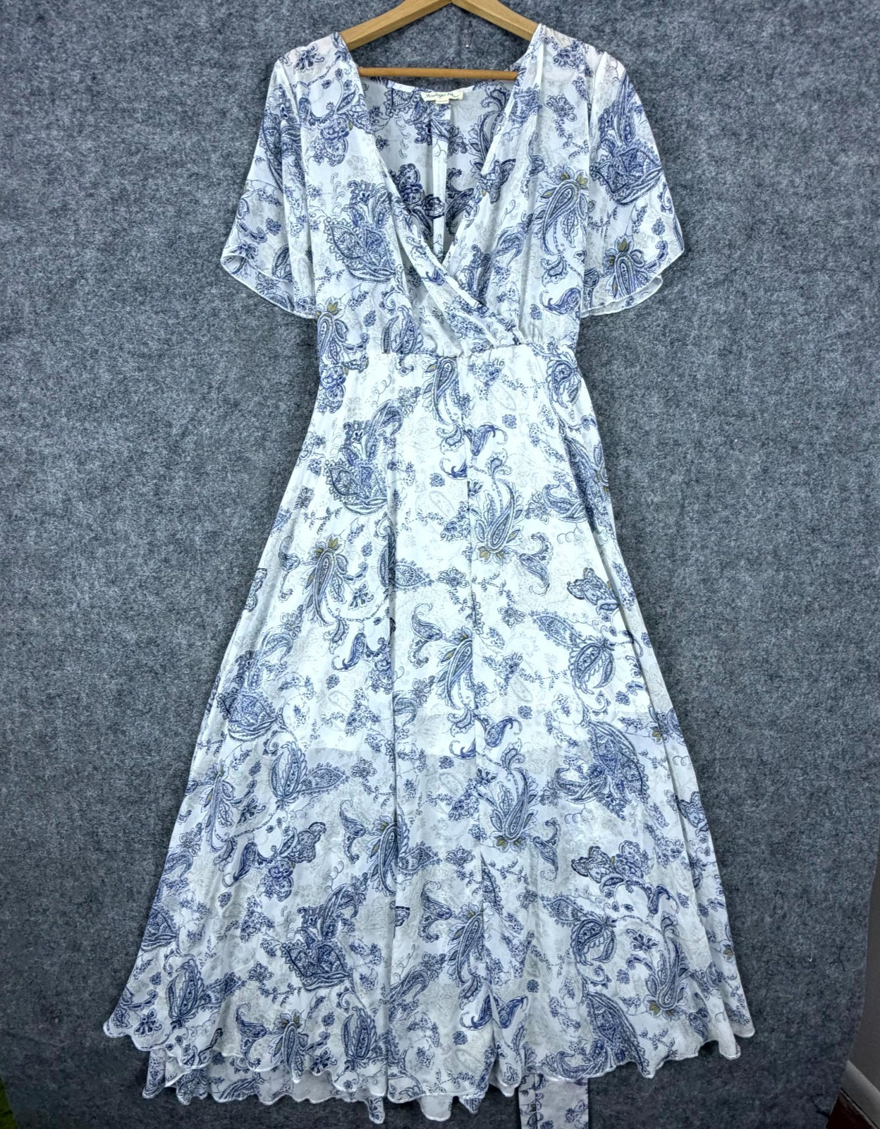Indigo Rose Maxi Day Dress Women XL Blue White Paisley Print Tie Waist Festival