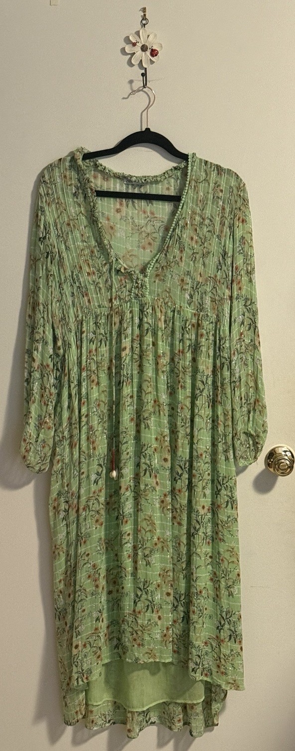 ZARA Green Boho Floral Maxi Dress with Metallic Details Size M