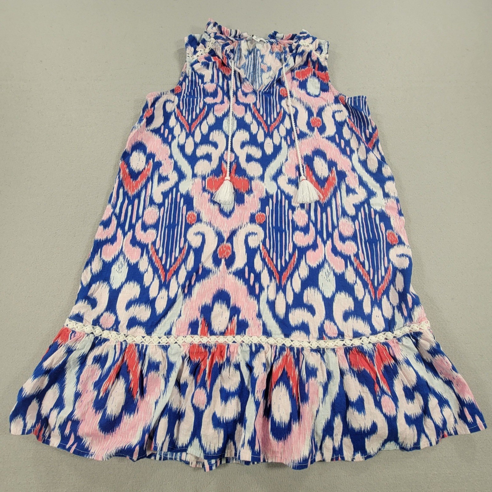 Crown & Ivy Ikat Tassel Shift Dress Linen Blend Sleeveless Ruffle Hem Women’s M