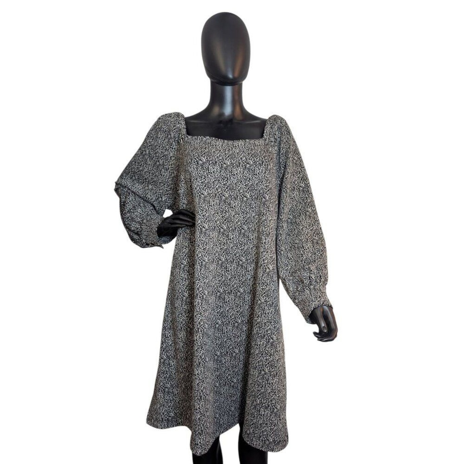 LOFT XL Black & White Knit A-Line Dress Square Neck Balloon Sleeves