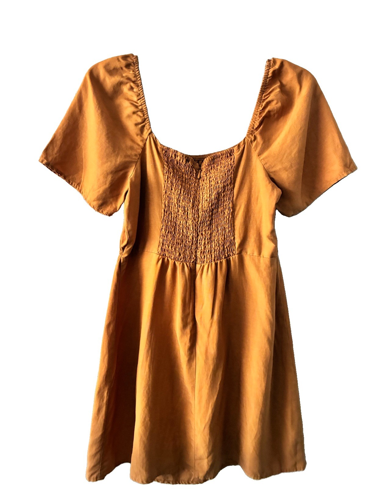 Forever 21 Womens M Brown Solid Smocked Square Neck Short Sleeve Mini Zip