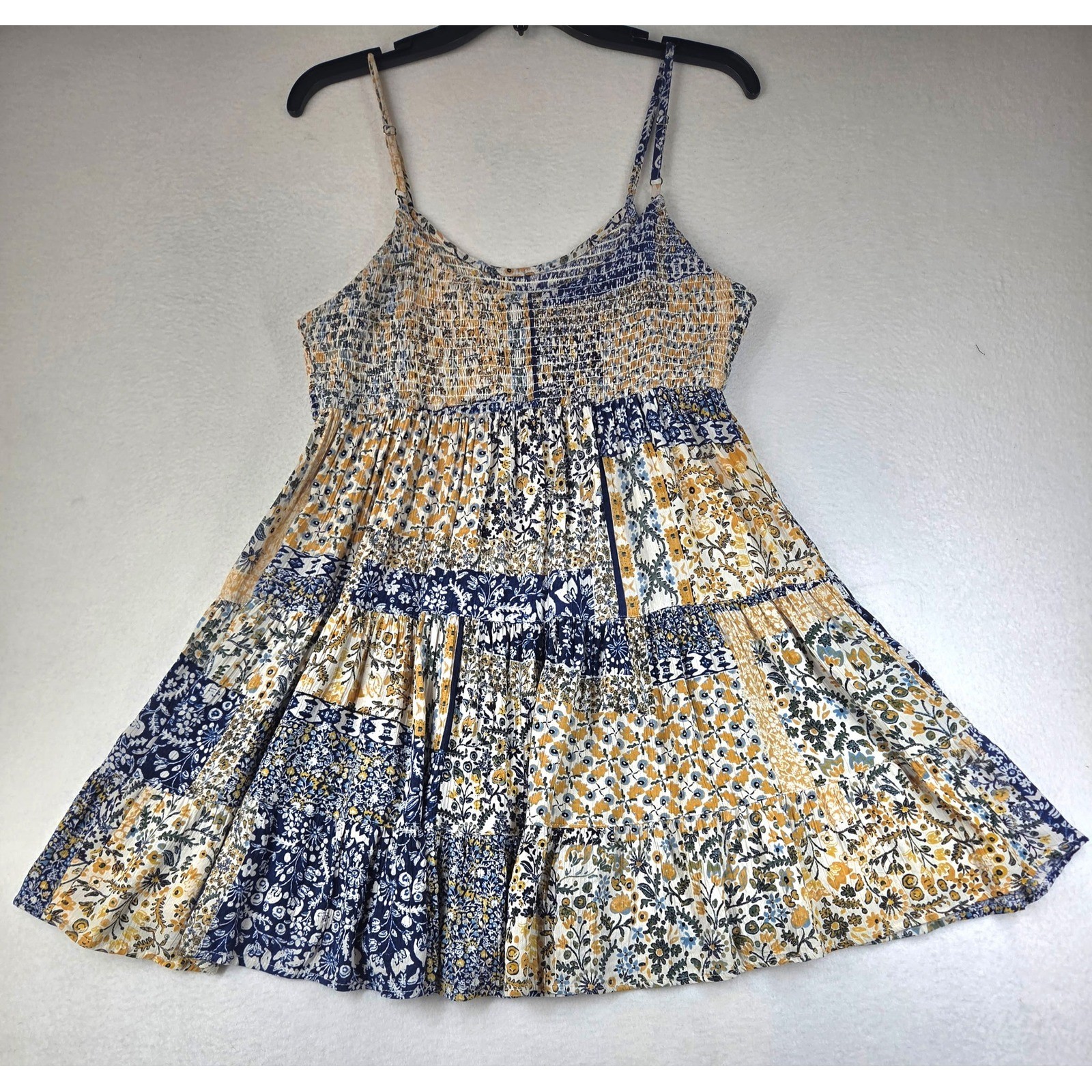 Angie Floral Patchwork Smocked Mini Dress Blue Yellow Boho Tiered Rayon Large
